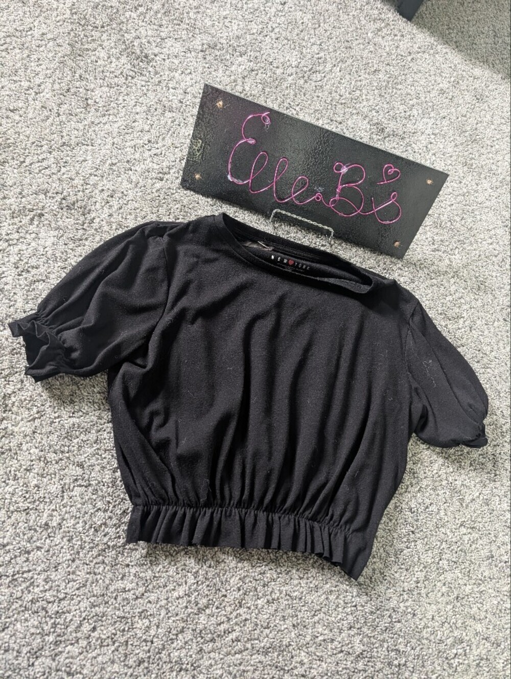 Euc Poof! Black Puff-Sleeve Elastic-Waist Short Sleeve Top S